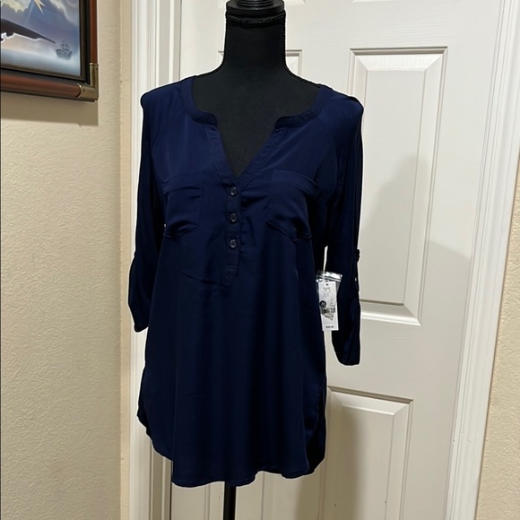 New York and Company Top Medium Navy Roll Tab Sleeve Henley Chiffon Front Rayon - Picture 1 of 11